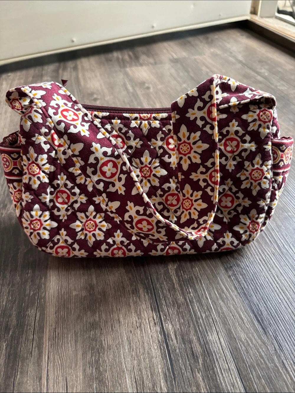 Vera Bradley Quilted Small Single Wide Strap Tote Handbag Burgundy Floral Print